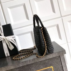 Replica Chanel Kelly Tote Handbag Raffia Black AS4416