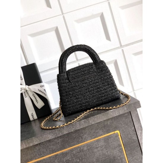 Replica Chanel Kelly Tote Handbag Raffia Black AS4416