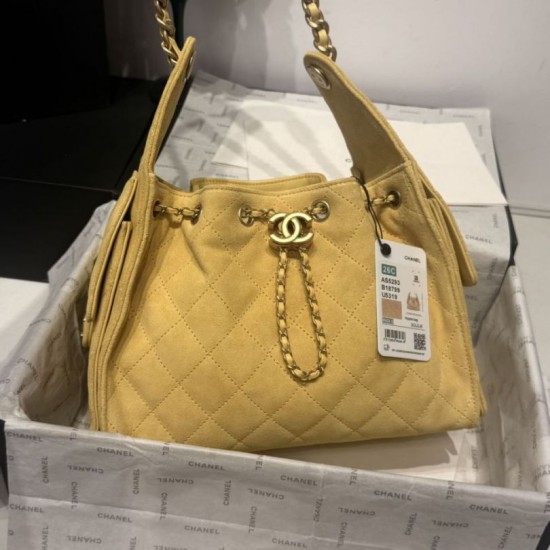Replica Chanel 25c AS5293 Small Vintage Hobo Drawstring bucket Bag Deerskin Yellow 