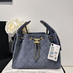 Replica Chanel 25c AS5293 Small Vintage Hobo Drawstring bucket Bag Deerskin Blue 