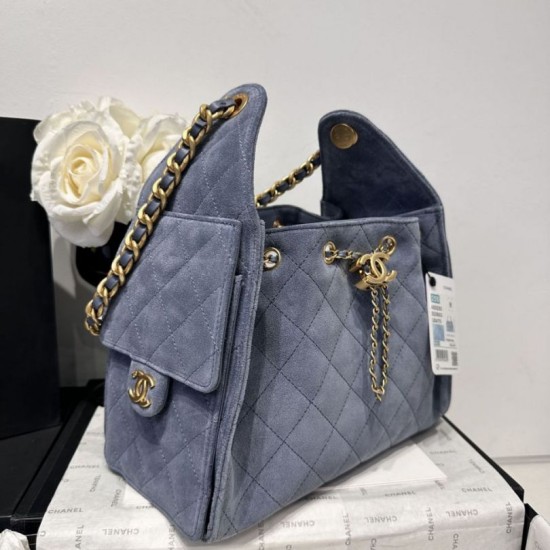 Replica Chanel 25c AS5293 Small Vintage Hobo Drawstring bucket Bag Deerskin Blue 