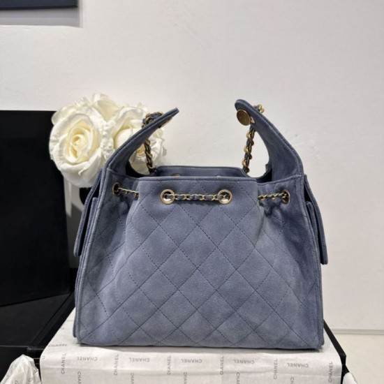 Replica Chanel 25c AS5293 Small Vintage Hobo Drawstring bucket Bag Deerskin Blue 