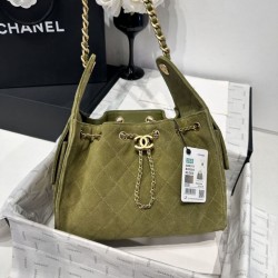 Replica Chanel 25c AS5293 Small Vintage Hobo Drawstring bucket Bag Deerskin Green
