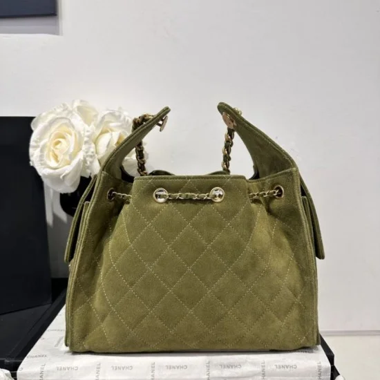 Replica Chanel 25c AS5293 Small Vintage Hobo Drawstring bucket Bag Deerskin Green