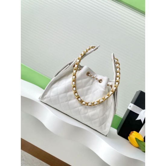 Replica Chanel 25c AS5293 Small Vintage Hobo Drawstring bucket Bag Grained Calfskin White