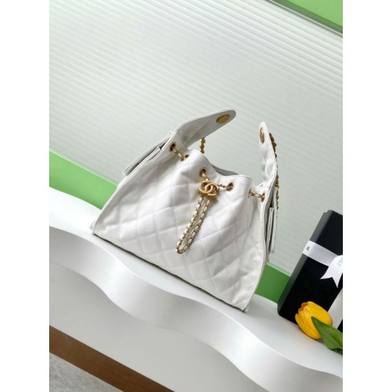 Replica Chanel 25c AS5293 Small Vintage Hobo Drawstring bucket Bag Grained Calfskin White
