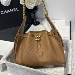 Replica Chanel 25c AS5293 Small Vintage Hobo Drawstring bucket Bag Grained Calfskin Brown
