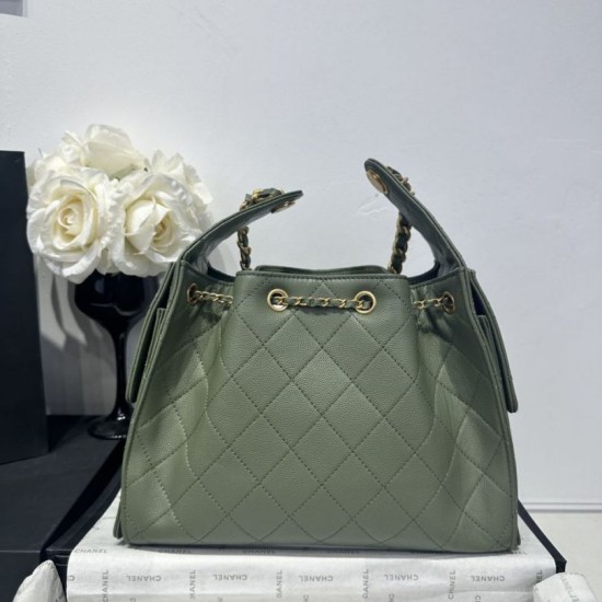 Replica Chanel 25c AS5293 Small Vintage Hobo Drawstring bucket Bag Grained Calfskin Green