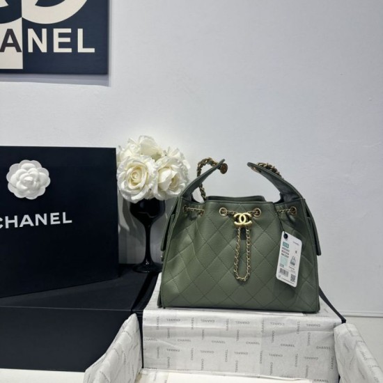Replica Chanel 25c AS5293 Small Vintage Hobo Drawstring bucket Bag Grained Calfskin Green