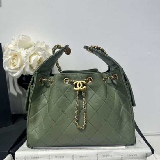 Replica Chanel 25c AS5293 Small Vintage Hobo Drawstring bucket Bag Grained Calfskin Green