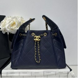 Replica Chanel 25c AS5293 Small Vintage Hobo Drawstring bucket Bag Grained Calfskin Dark Blue