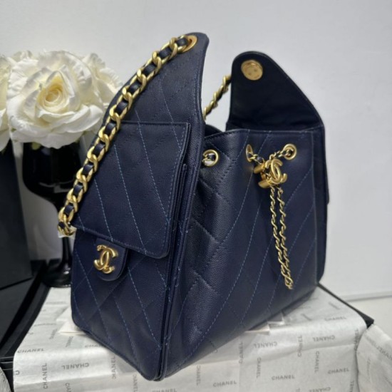Replica Chanel 25c AS5293 Small Vintage Hobo Drawstring bucket Bag Grained Calfskin Dark Blue