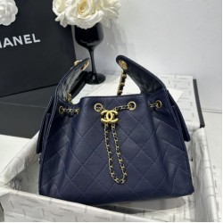 Replica Chanel 25c AS5293 Small Vintage Hobo Drawstring bucket Bag Grained Calfskin Dark Blue