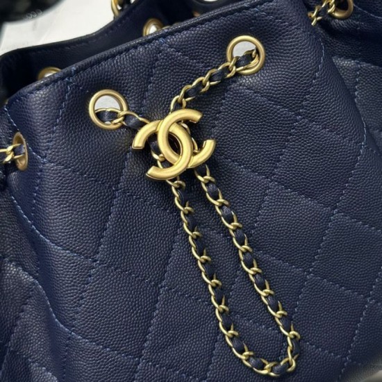 Replica Chanel 25c AS5293 Small Vintage Hobo Drawstring bucket Bag Grained Calfskin Dark Blue
