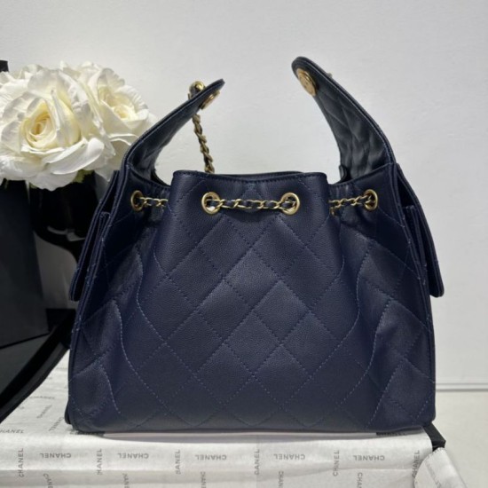 Replica Chanel 25c AS5293 Small Vintage Hobo Drawstring bucket Bag Grained Calfskin Dark Blue