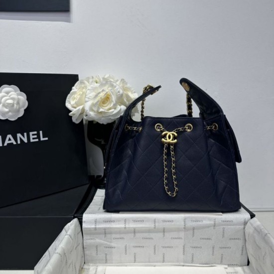 Replica Chanel 25c AS5293 Small Vintage Hobo Drawstring bucket Bag Grained Calfskin Dark Blue