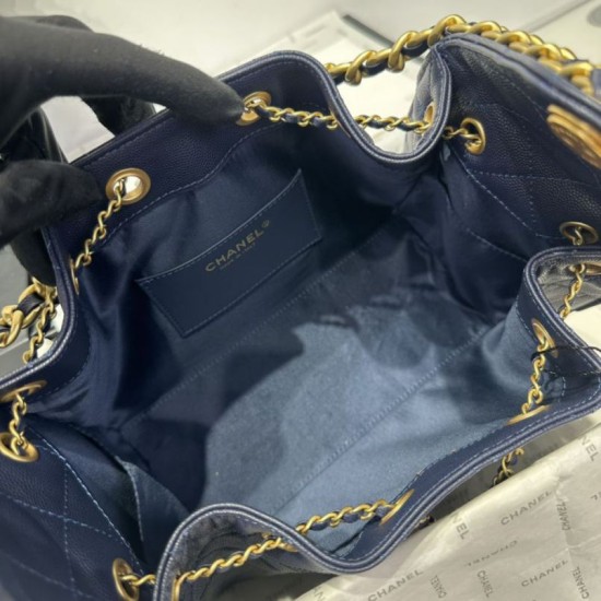 Replica Chanel 25c AS5293 Small Vintage Hobo Drawstring bucket Bag Grained Calfskin Dark Blue