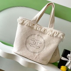 Replica Chanel Coco Beach Tote Bag with Small Bag Lambskin White