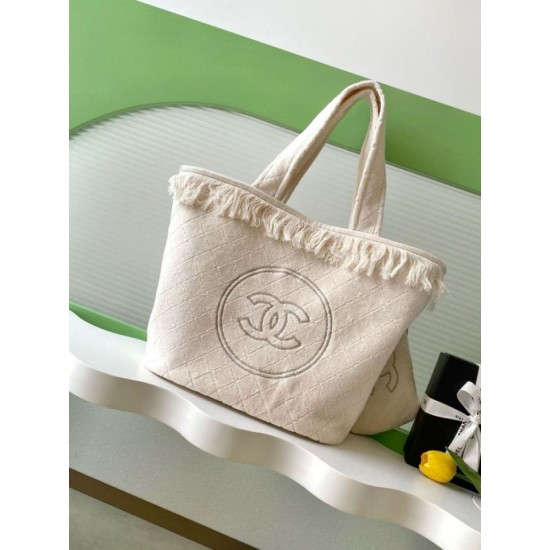 Replica Chanel Coco Beach Tote Bag with Small Bag Lambskin White
