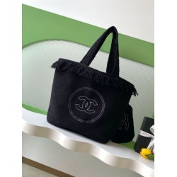 Replica Chanel Coco Beach Tote Bag with Small Bag Lambskin Black