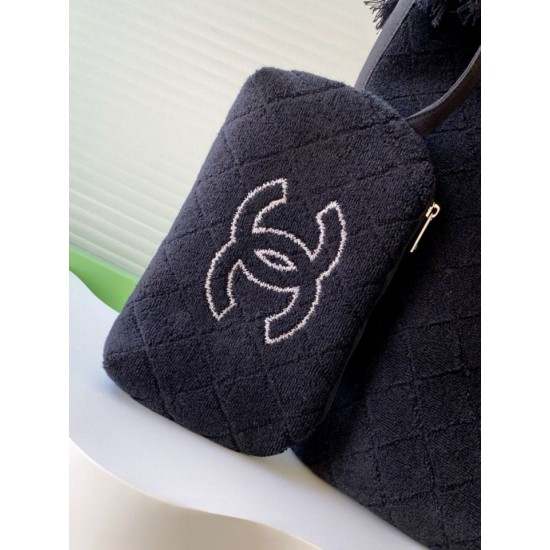 Replica Chanel Coco Beach Tote Bag with Small Bag Lambskin Black