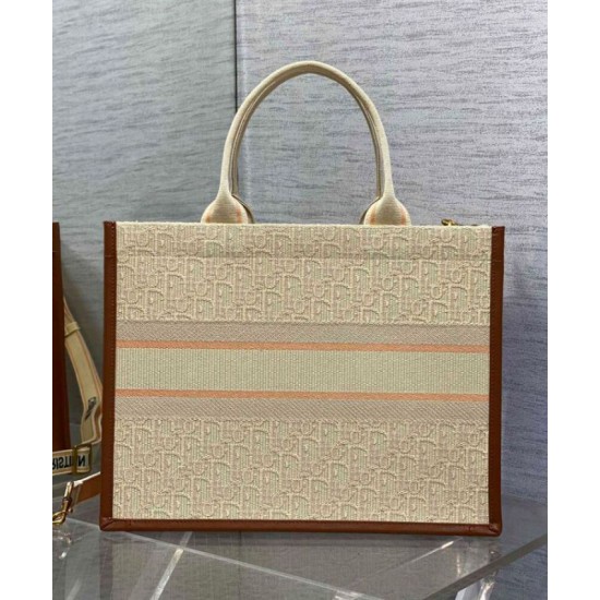 Replica Dior Small/Medium Book Tote Bag with Strap Oblique Embroidered Raffia Beige