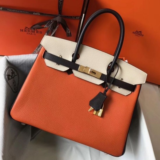 Replica Hermes Tri-Color Birkin 30cm Bag In Orange/White/Black Clemence Leather Replica Hermes Tri-Color Birkin 30cm Bag In Orange/White/Black Clemence Leather