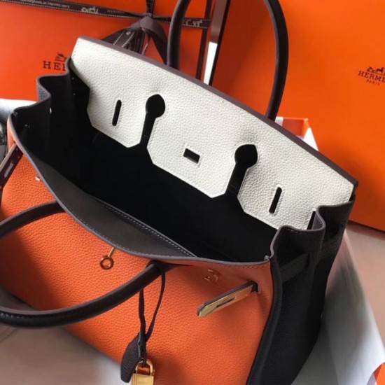 Replica Hermes Tri-Color Birkin 30cm Bag In Orange/White/Black Clemence Leather Replica Hermes Tri-Color Birkin 30cm Bag In Orange/White/Black Clemence Leather