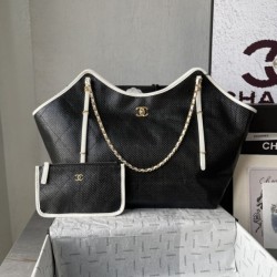 Top Replica Chanel Maxi Shopping Tote Small/Large AS5463 Raffia/Calfskin Black/White