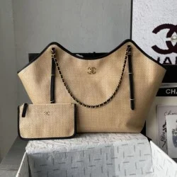Top Replica Bags Chanel Maxi Shopping Tote Small/Large AS5463 Raffia/Calfskin Brown/Black
