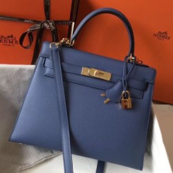 Top Replica Hermes Kelly Bag 28cm Epsom Blue GHW