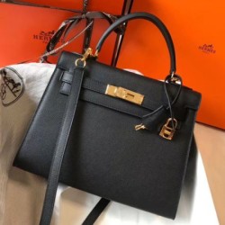 Top Replica Hermes Kelly Bag 28cm Epsom Black GHW