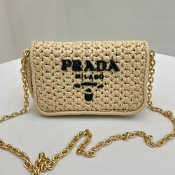 Replica Prada Crochet Raffia Shoulder Bag Apricot
