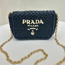 Replica Prada Crochet Raffia Shoulder Bag Black