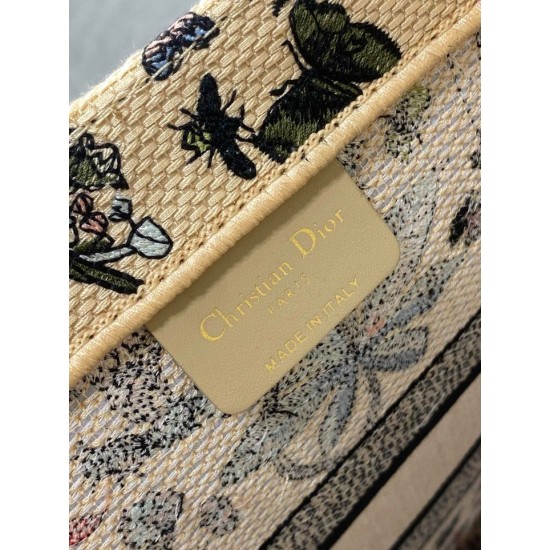 Replica Dior Medium Book Tote Bag Raffia with Dior Cabinet de Curiosites Beige