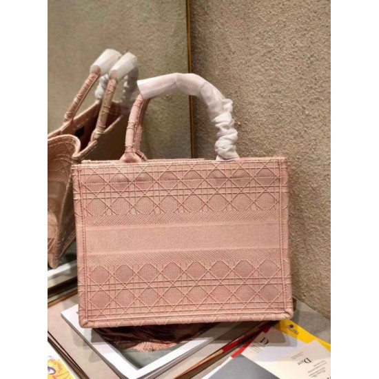 Fake Christian Dior Small Book Tote Bag Cannage Embroidery Pink Replica