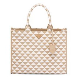 Replica Prada Large Prada Symbole Embroidered Fabric Handbag 1BA356 Cream