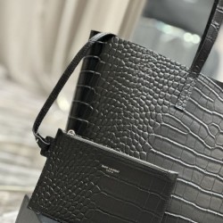 Fake YSL Saint Laurent Shopping Tote Bag Crocodile Print Leather Black Replica