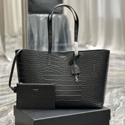 Fake YSL Saint Laurent Shopping Tote Bag Crocodile Print Leather Black Replica