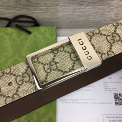 Replica Gucci GG belt with rectangular buckle 722370 35mm Brown Silver