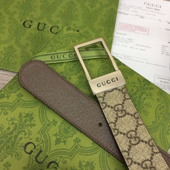 Replica Gucci GG belt with rectangular buckle 722370 35mm Brown Silver