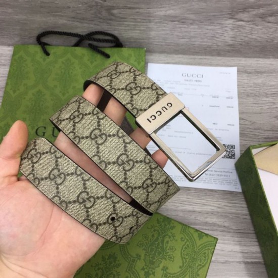 Replica Gucci GG belt with rectangular buckle 722370 35mm Brown Silver
