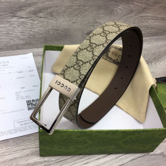 Replica Gucci GG belt with rectangular buckle 722370 35mm Brown Silver