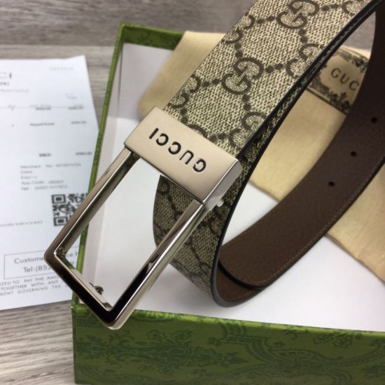 Replica Gucci GG belt with rectangular buckle 722370 35mm Brown Silver