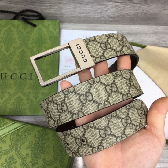 Replica Gucci GG belt with rectangular buckle 722370 35mm Brown Silver