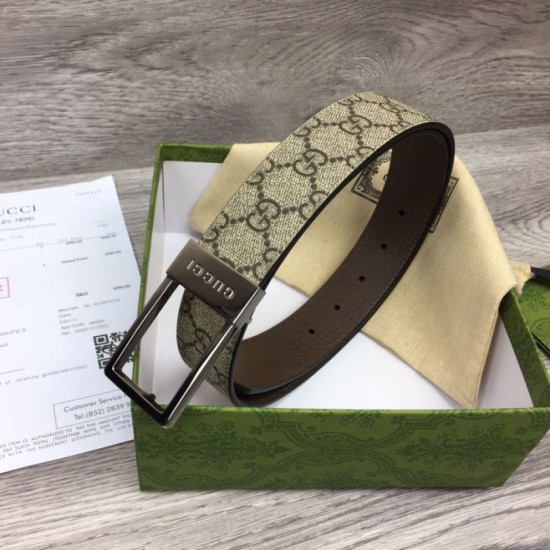 Replica Gucci GG belt with rectangular buckle 722370 35mm Brown Steel