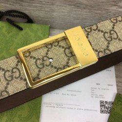 Fake Gucci GG belt with rectangular buckle 722370 35mm Brown Gold Replica