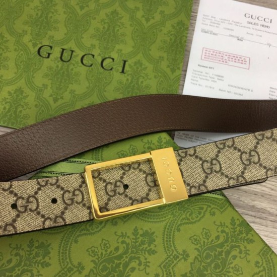 Fake Gucci GG belt with rectangular buckle 722370 35mm Brown Gold Replica