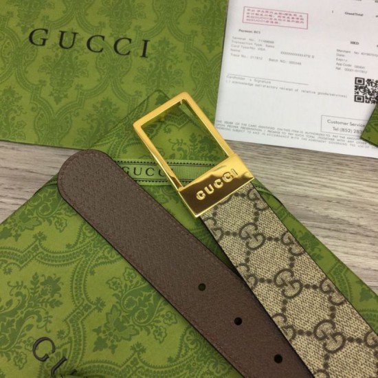 Fake Gucci GG belt with rectangular buckle 722370 35mm Brown Gold Replica