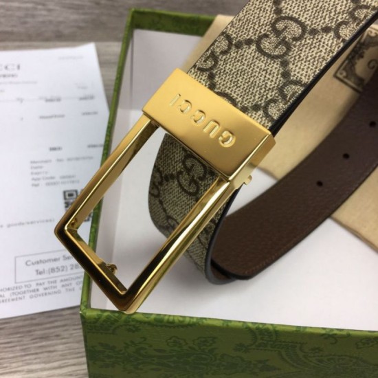 Fake Gucci GG belt with rectangular buckle 722370 35mm Brown Gold Replica